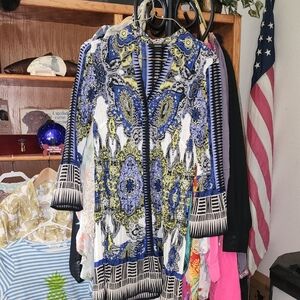 Alfani Paisley Geometric Designed Button Front Blouse Top w/ Trumpet Sleeve